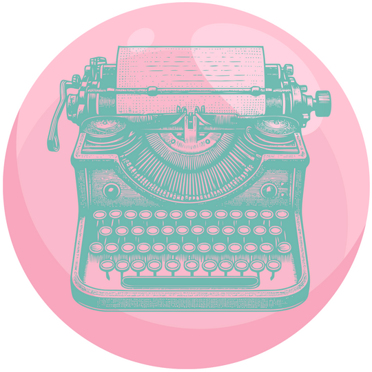A pink bubblegum bubble encasing a teal typewriter.